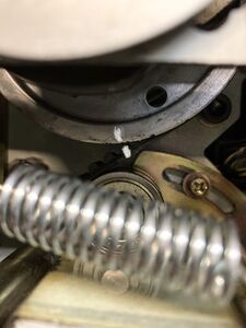 The current position of the cam pulley relative to the belt marked in whiteout (for a fine adjustment).